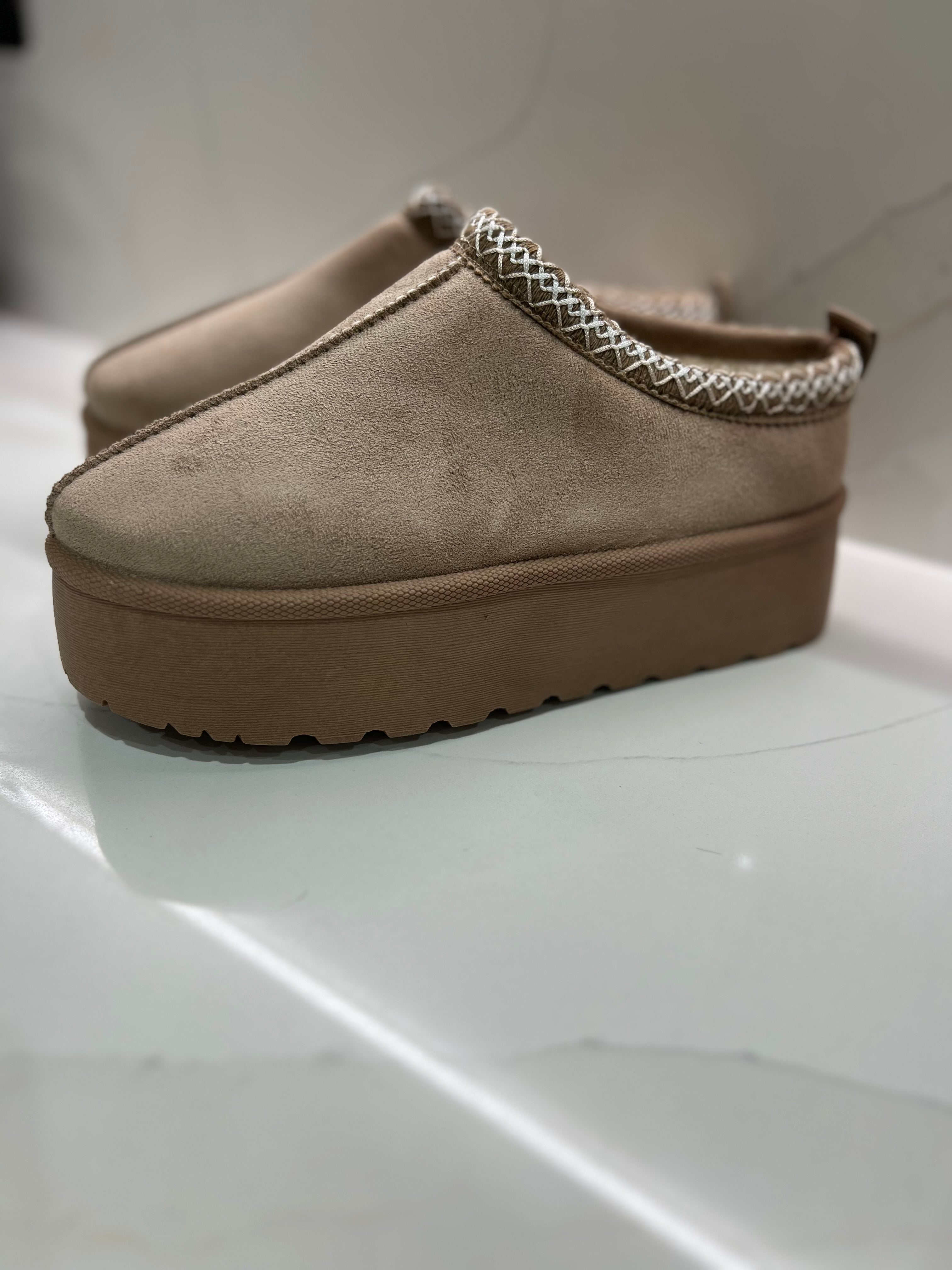 Taupe Faux Fur Lined Platform Mules