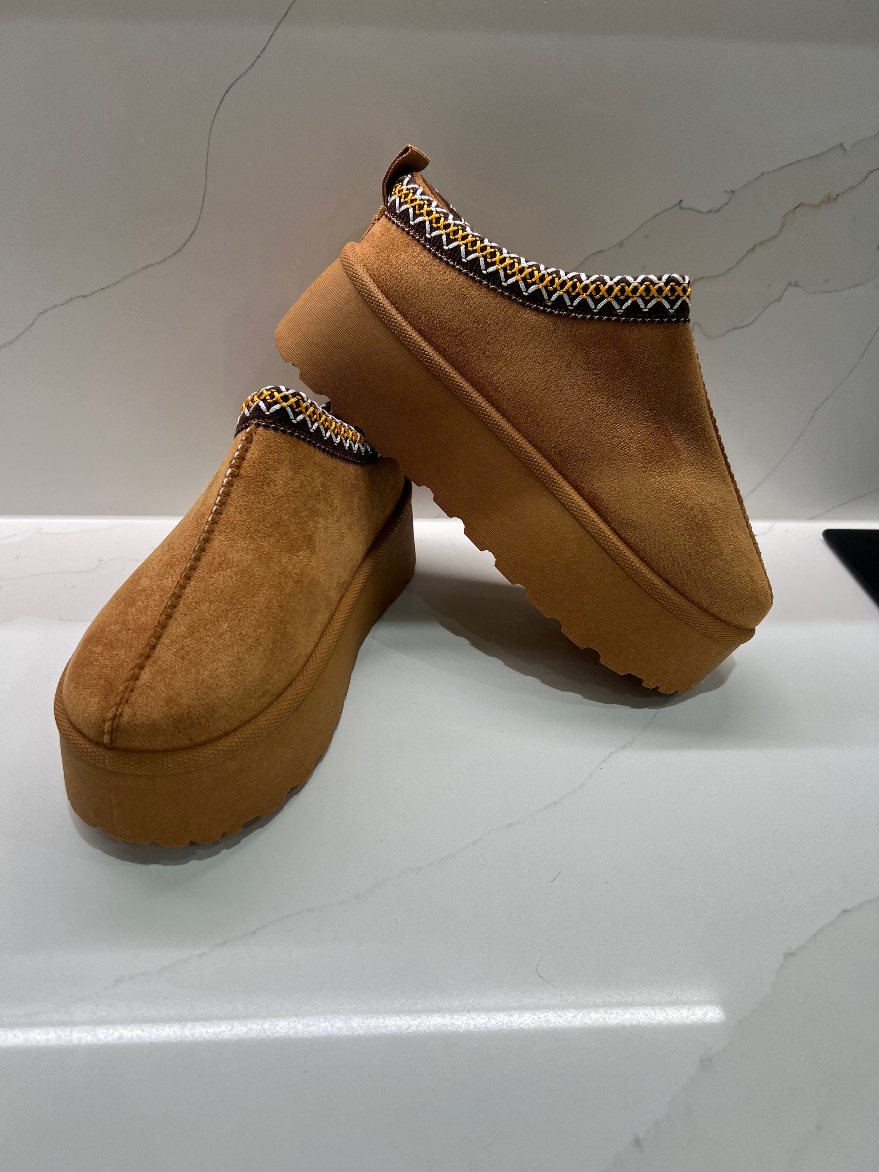 Camel Faux Fur Lined Platform Mules