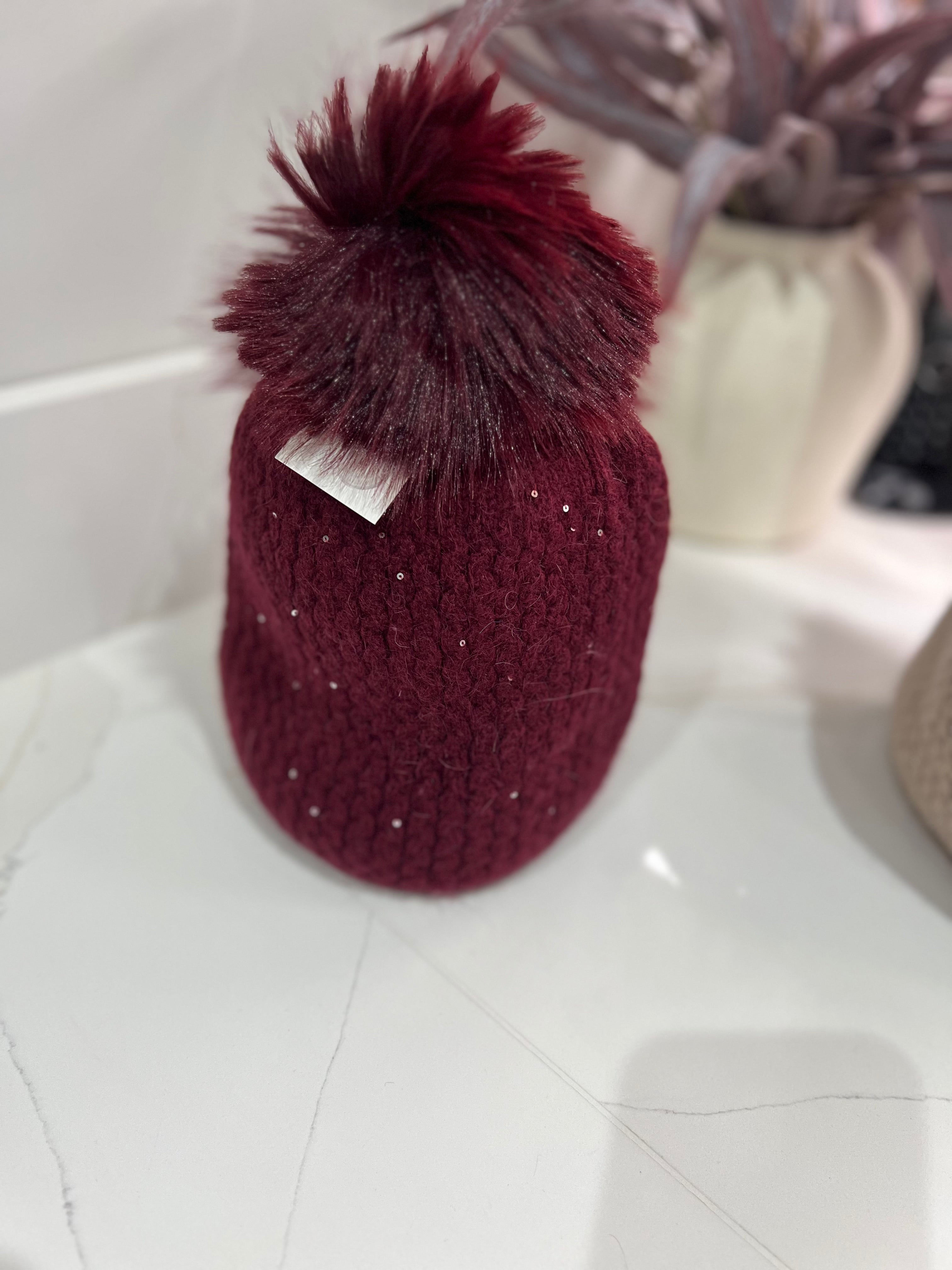 Faux Fur Pom-Pom Sparkle Bobble Hat