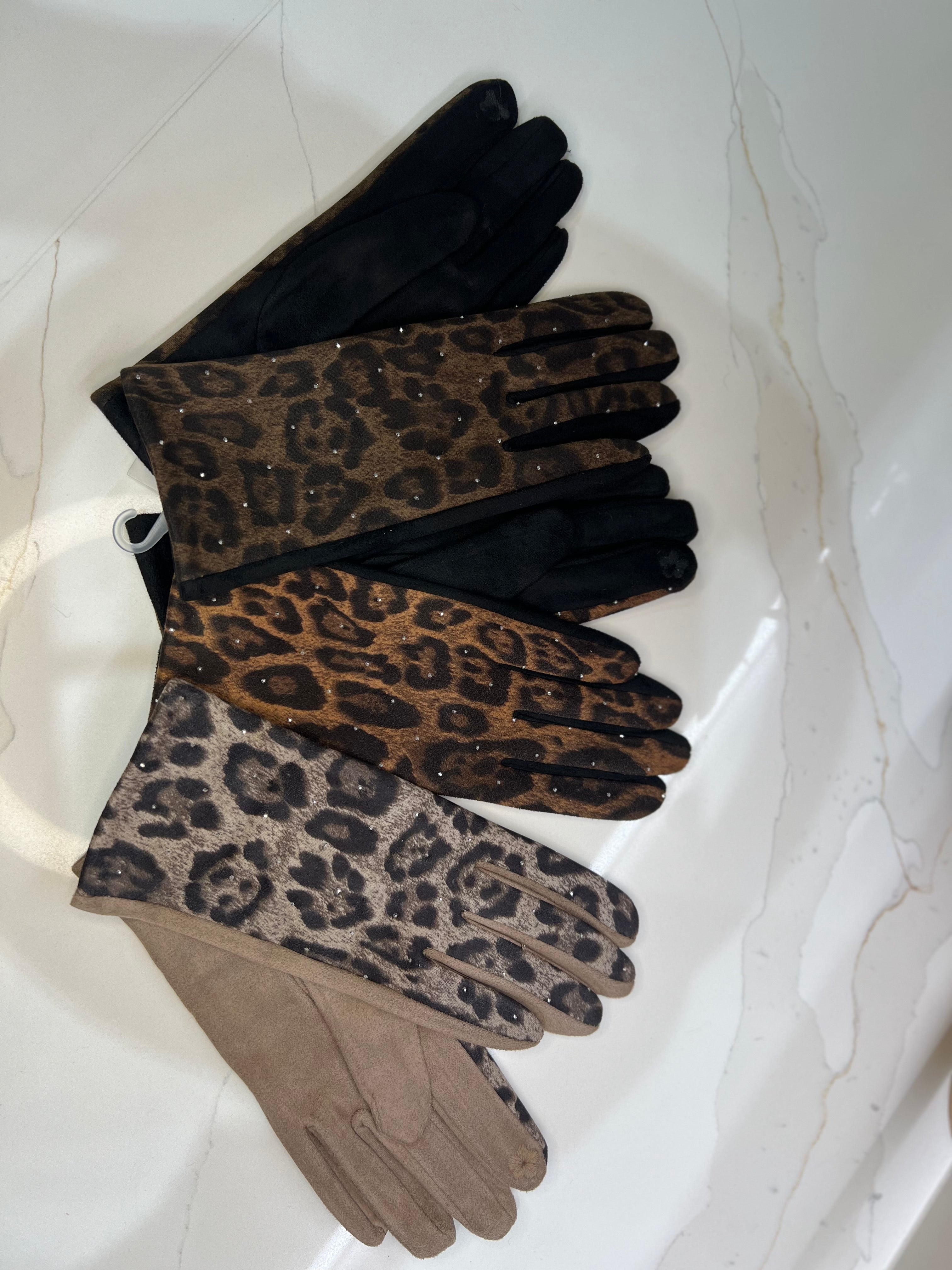 Leopard Diamanté Velour Gloves