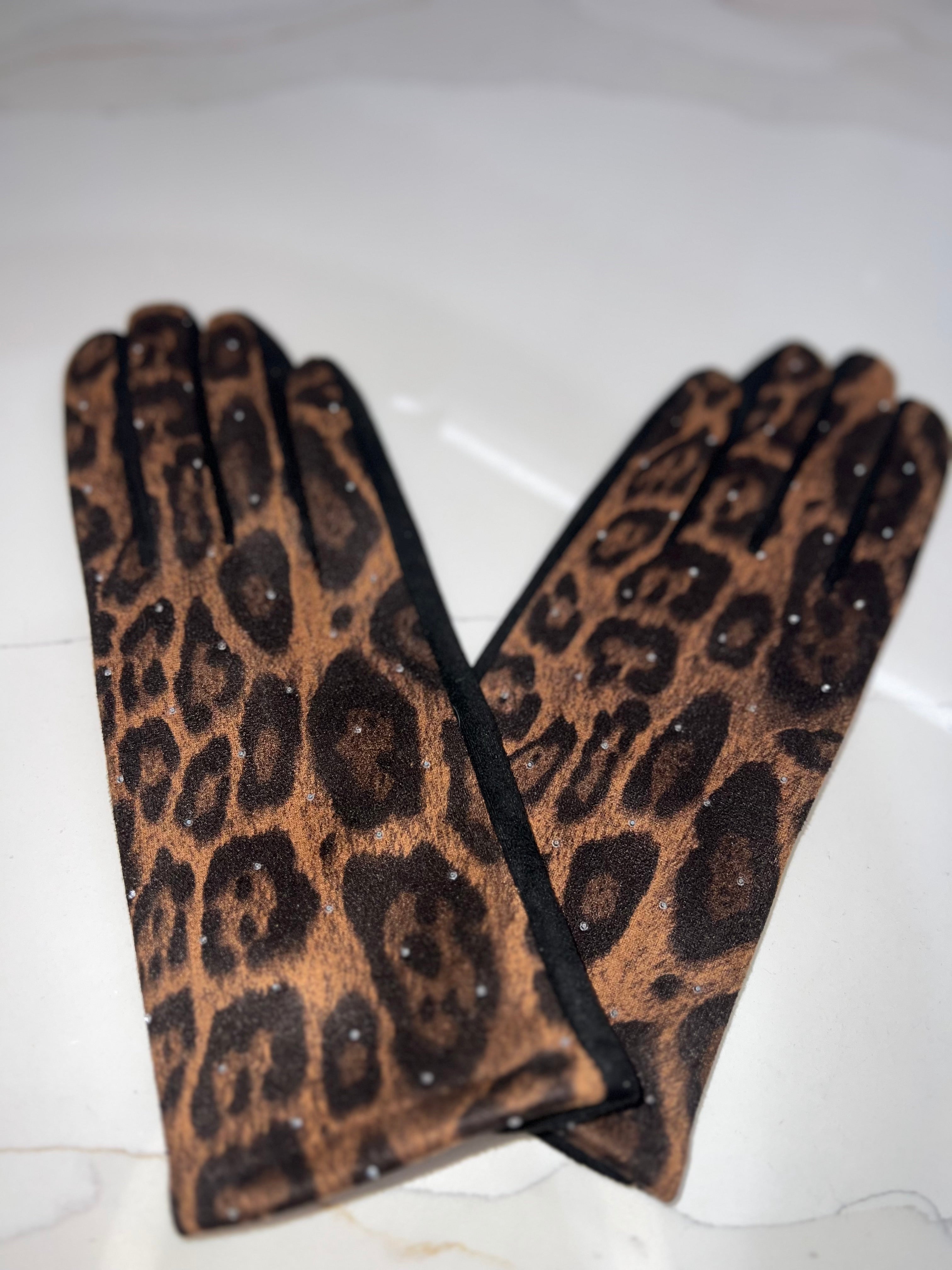 Leopard Diamanté Velour Gloves