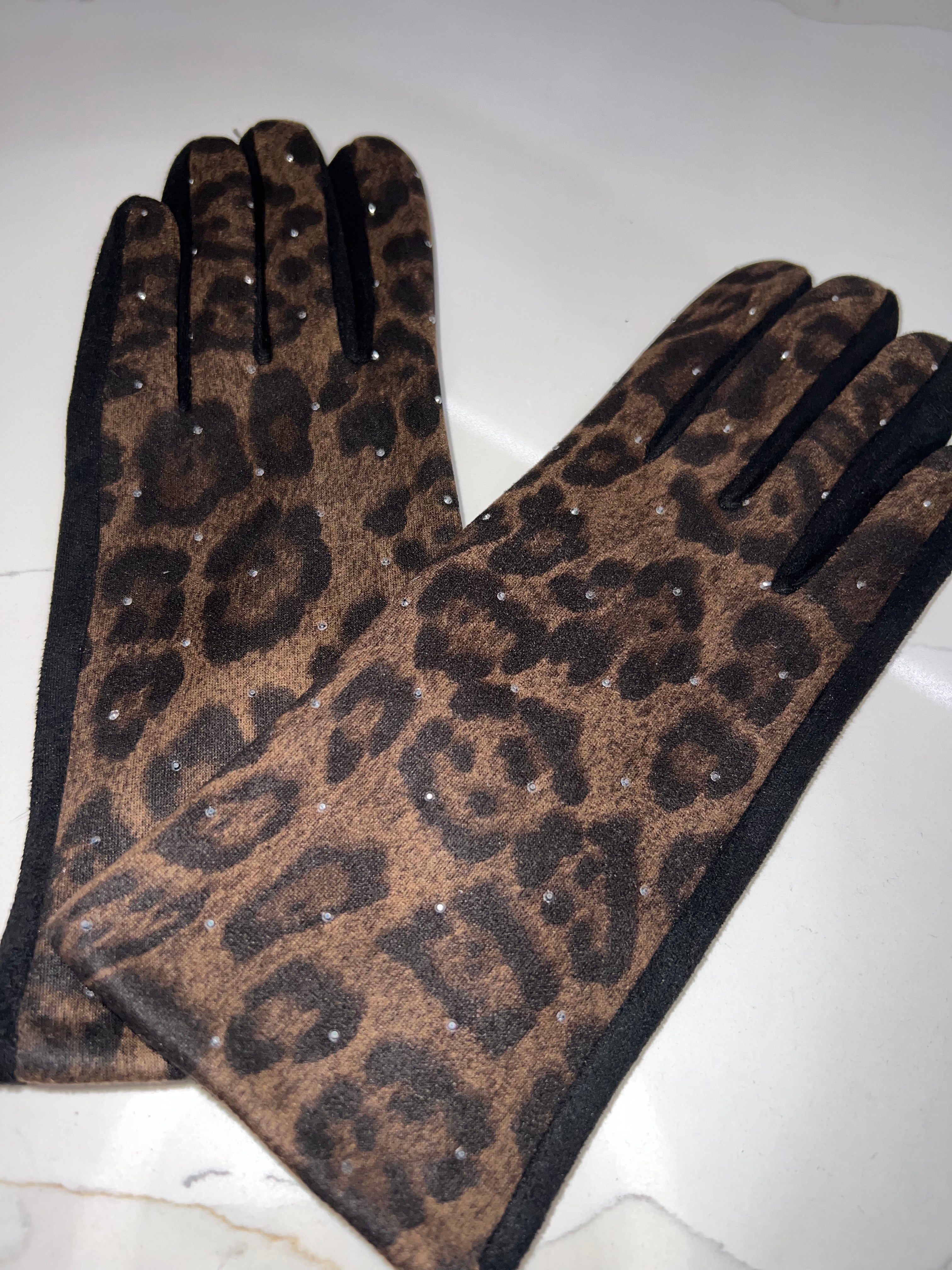 Leopard Diamanté Velour Gloves