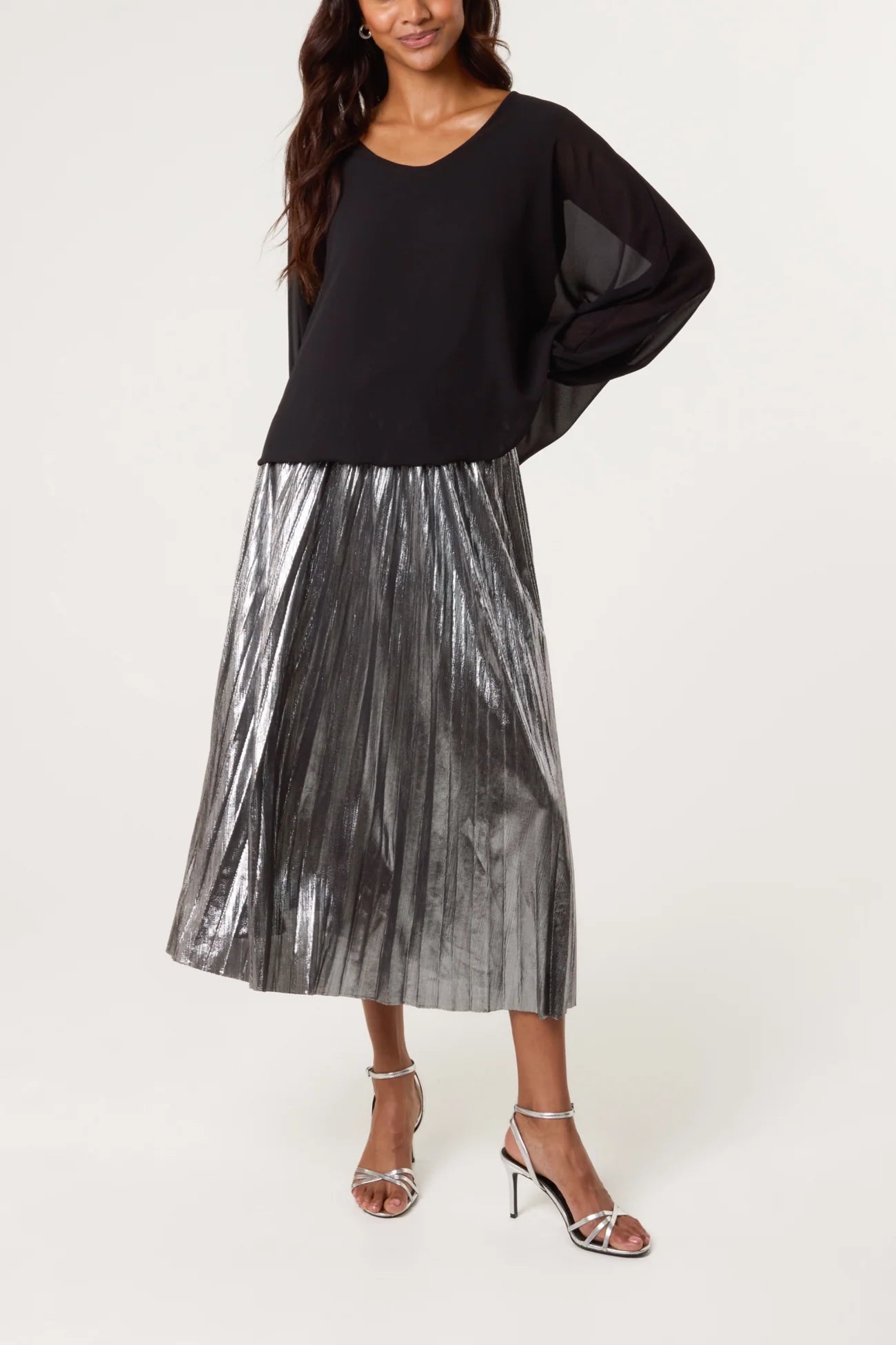 Metallic Pleated Midi Skirt