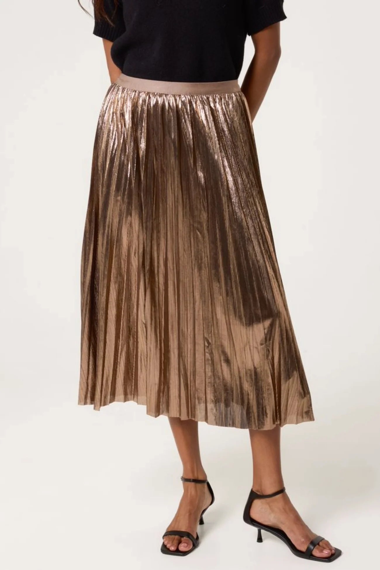 Metallic Pleated Midi Skirt