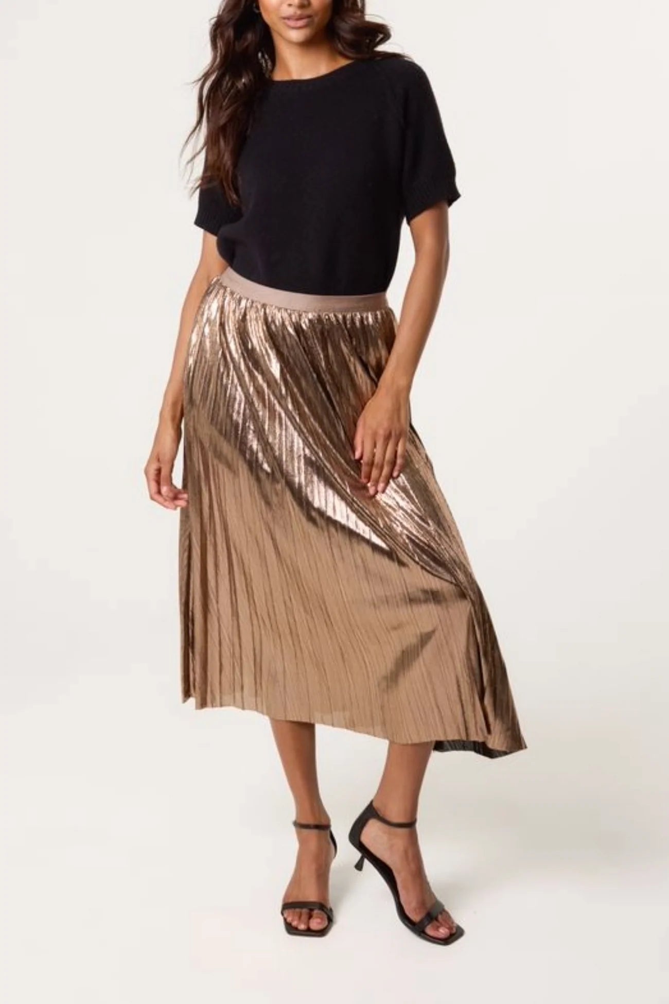 Metallic Pleated Midi Skirt