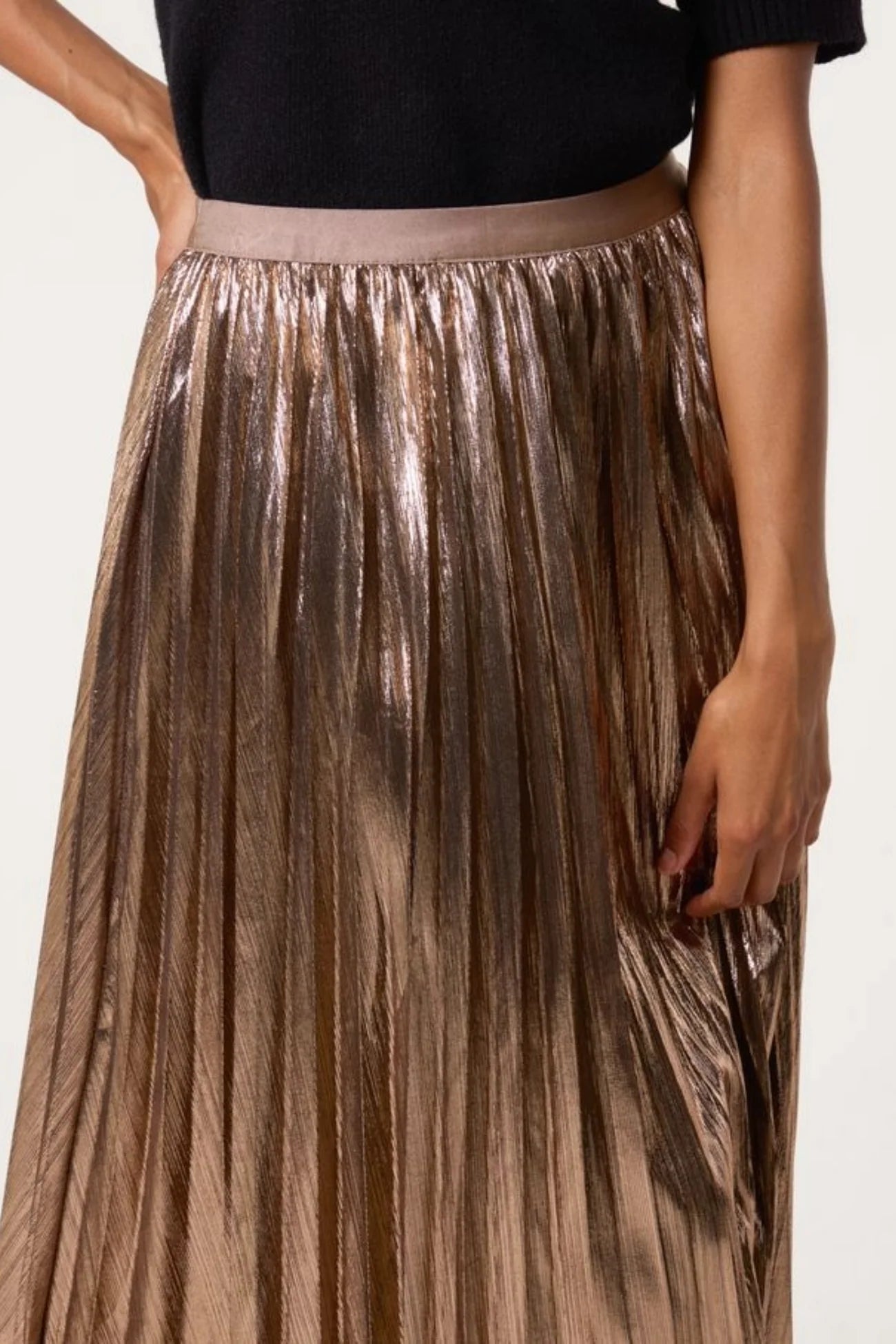 Metallic Pleated Midi Skirt