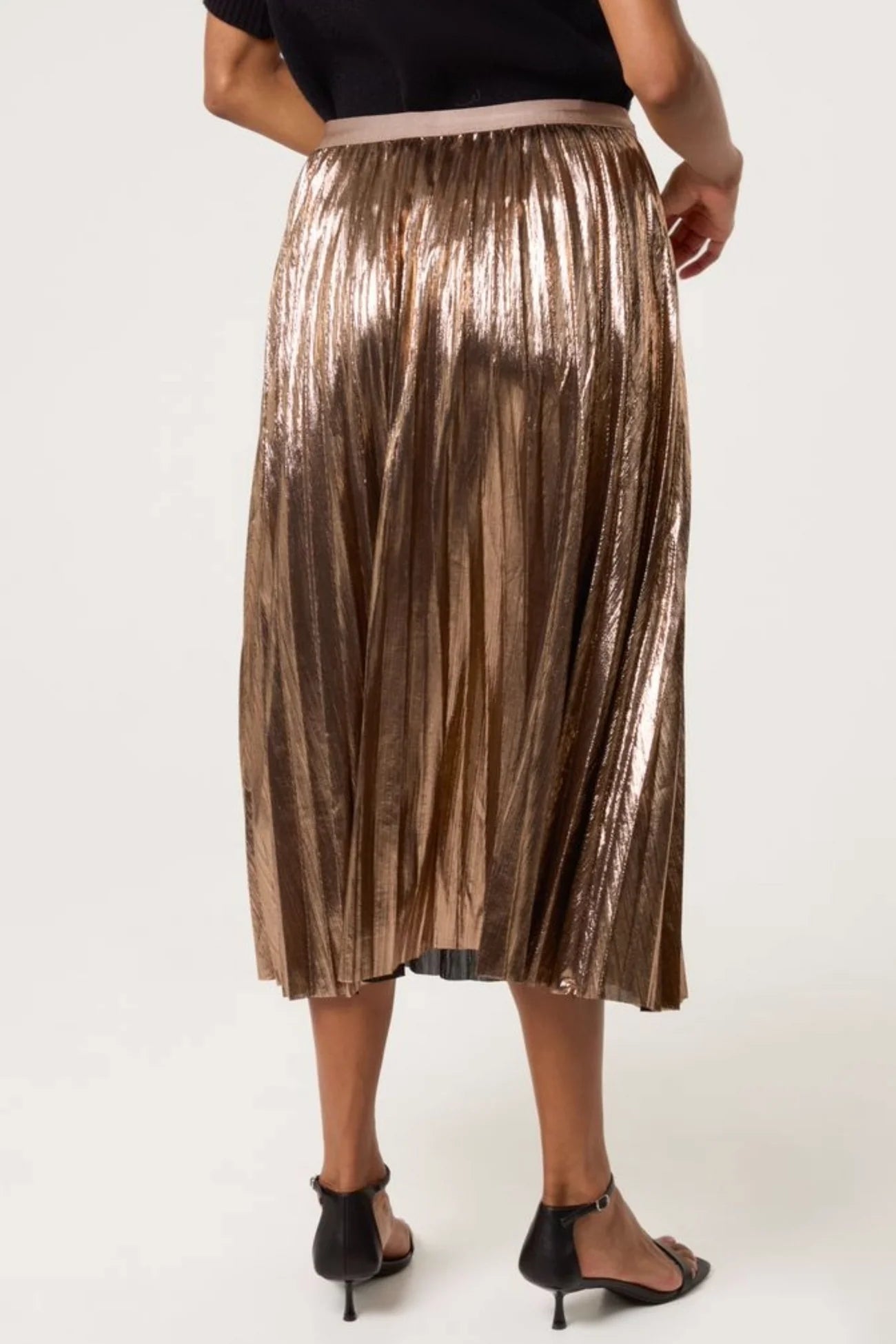 Metallic Pleated Midi Skirt
