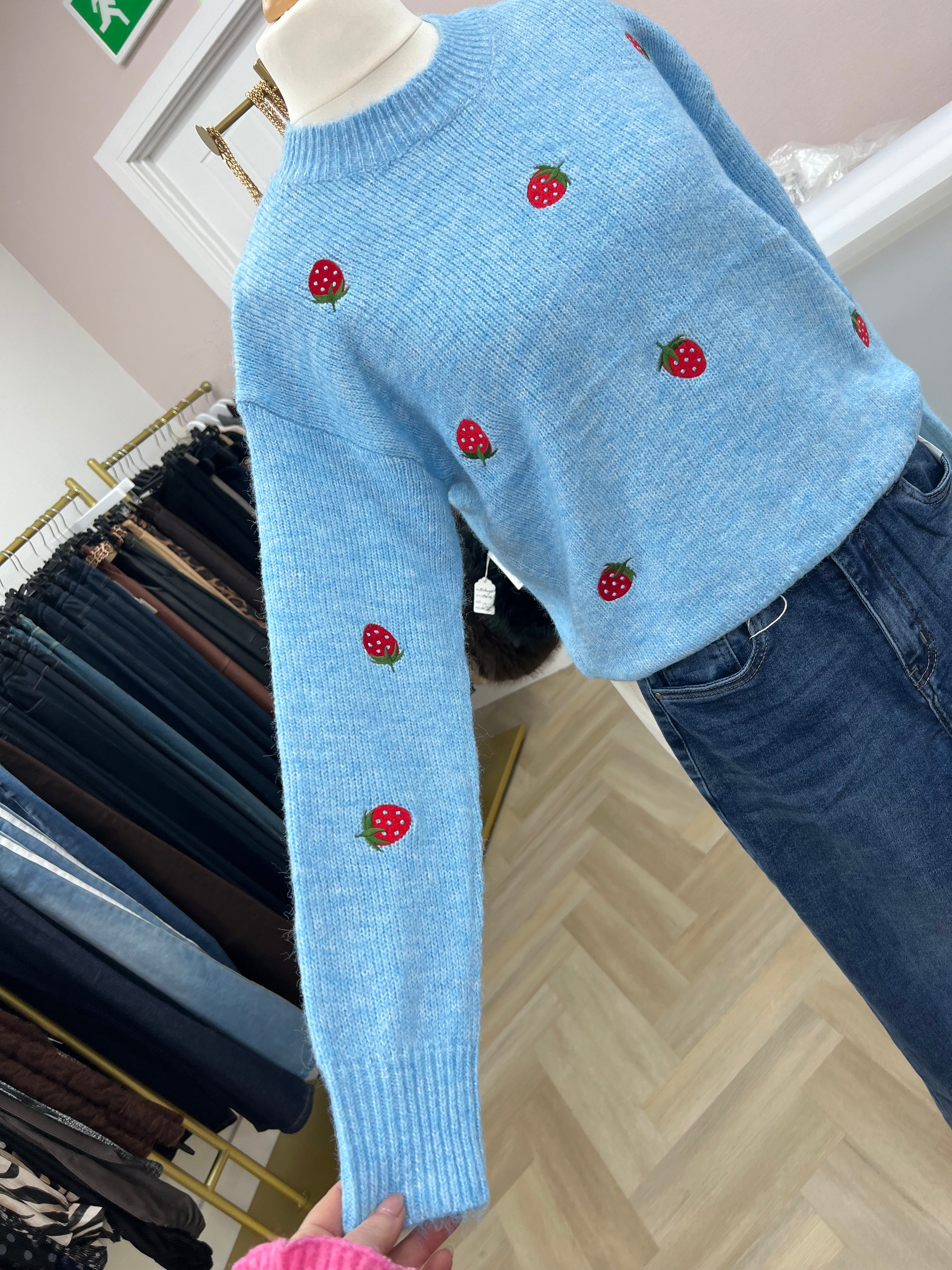 🍓Strawberry Embroidered Jumper — Blue