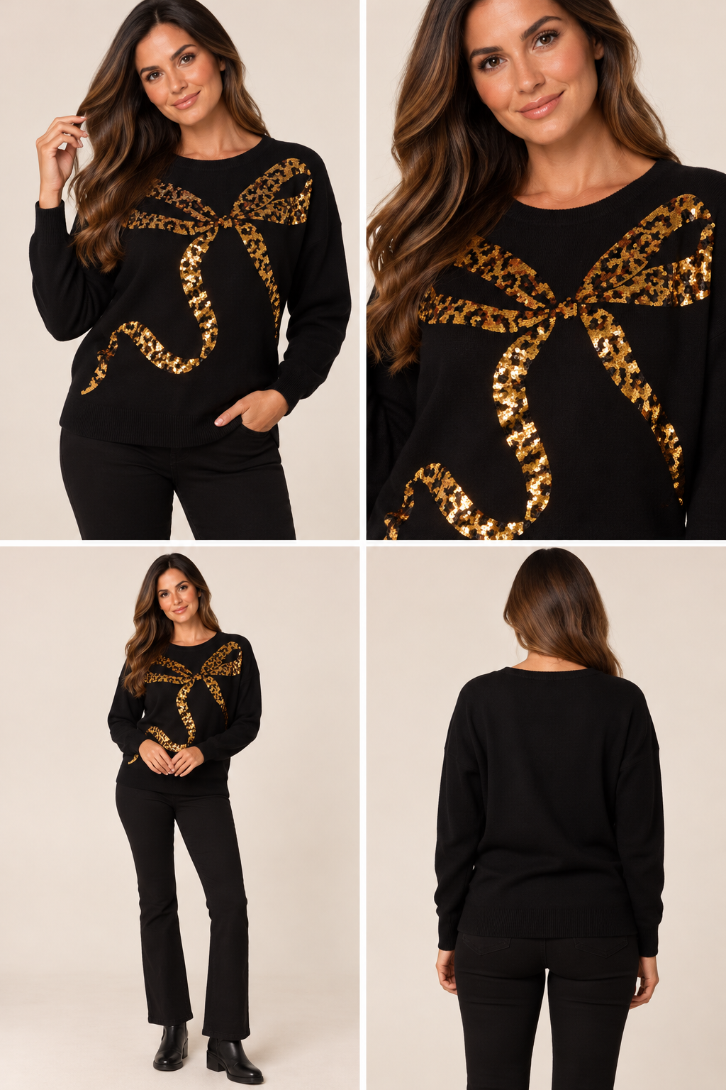 Leopard Bow Sequin Jumper Gold