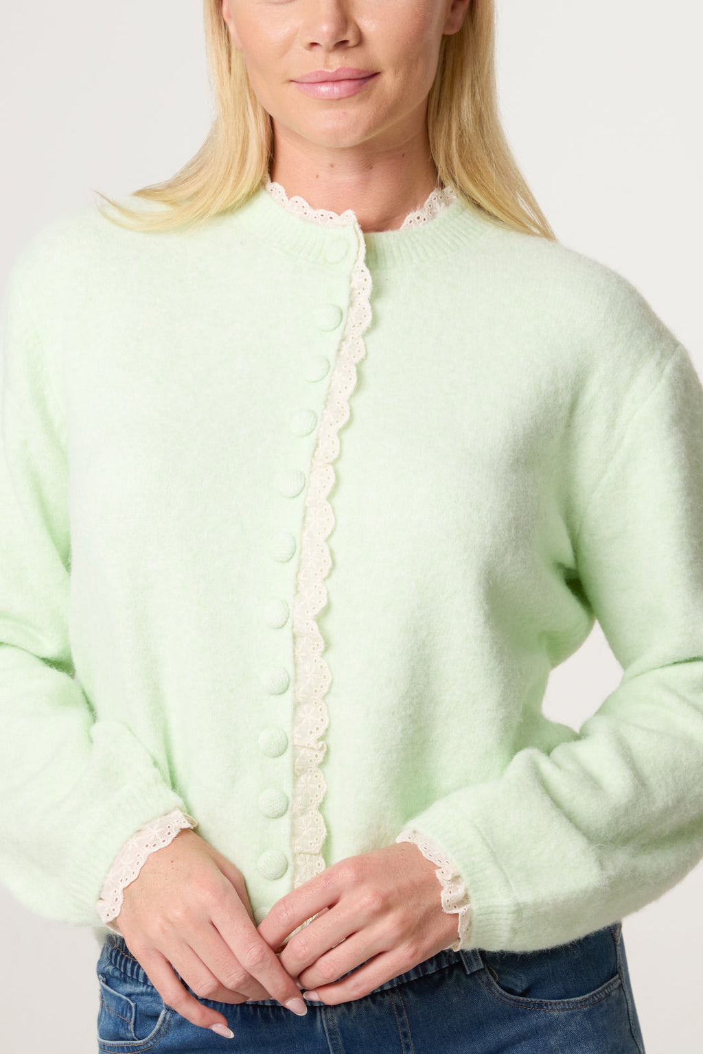 Lila Broderie Anglaise Trim Knit Cardigan Mint Final Sale Price No Returns