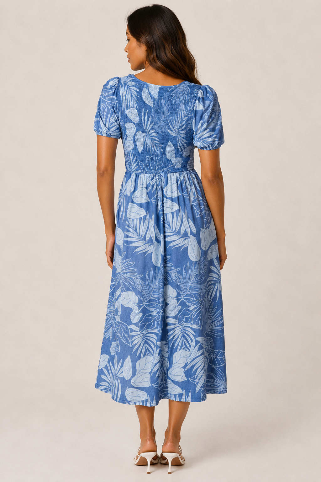 Donna Shirred Scoop Neck Leaf Print Dress – Denim