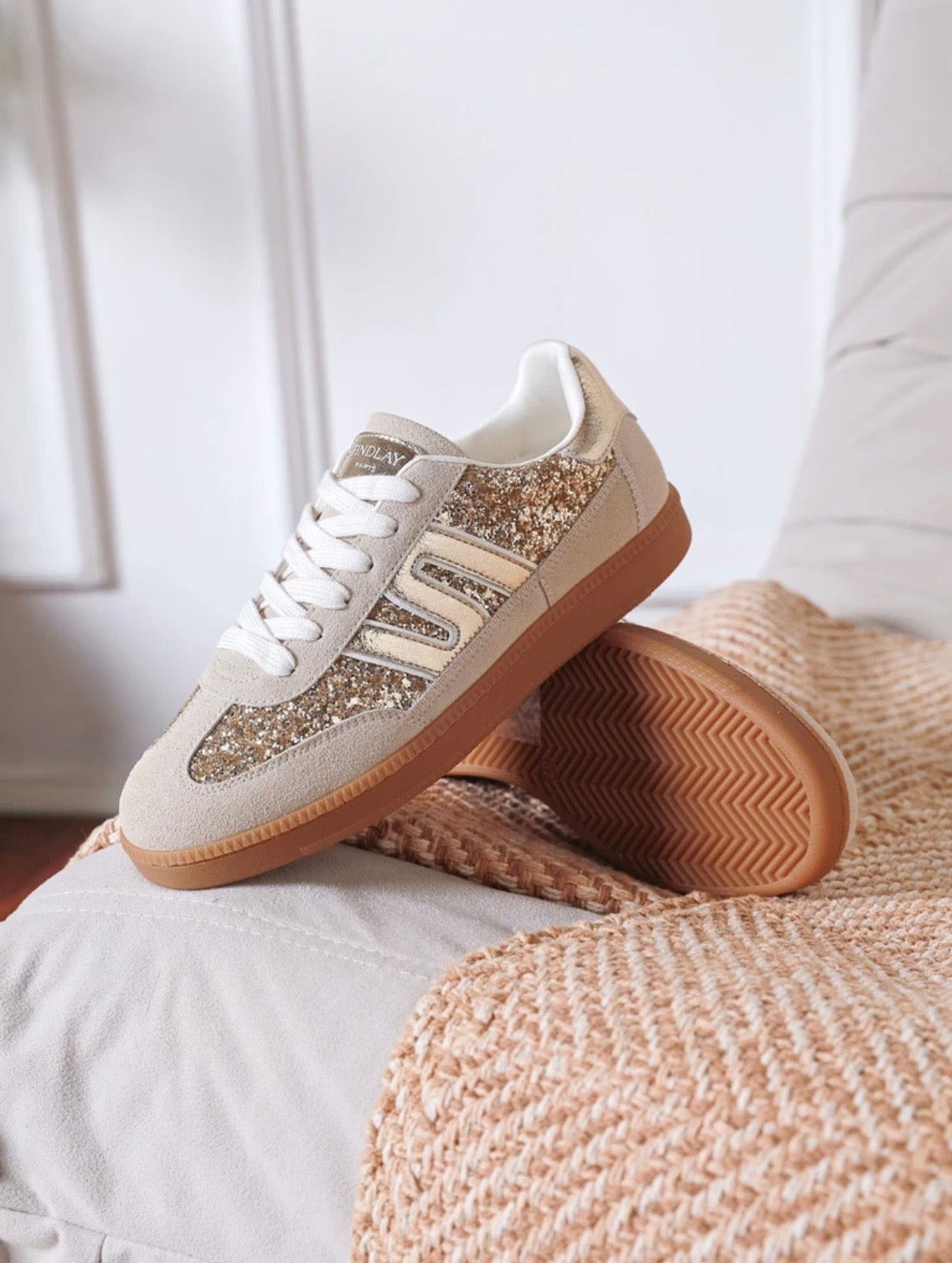 ✨ Alina — Beige & Gold Glitter Trainers