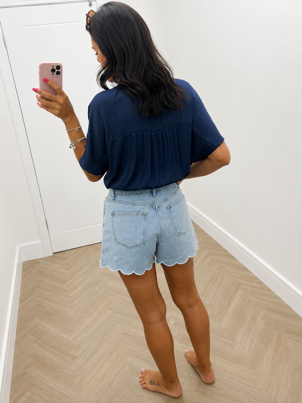 Casy Scalloped Light Denim Shorts