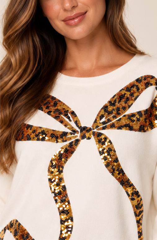 Leopard Bow Sequin Jumper Gold