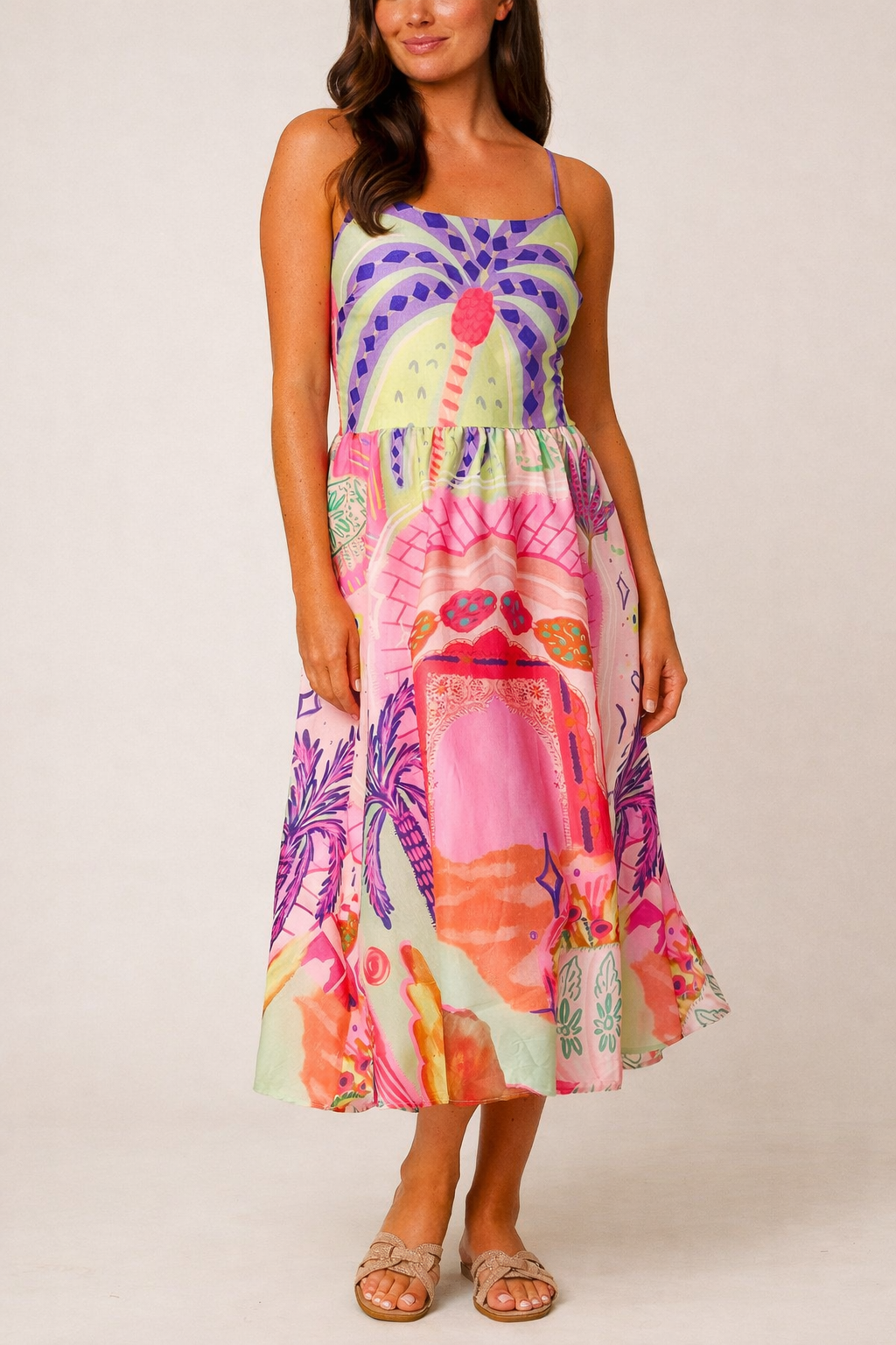 Palm Sunset Scenic Print Cami Midi Dress