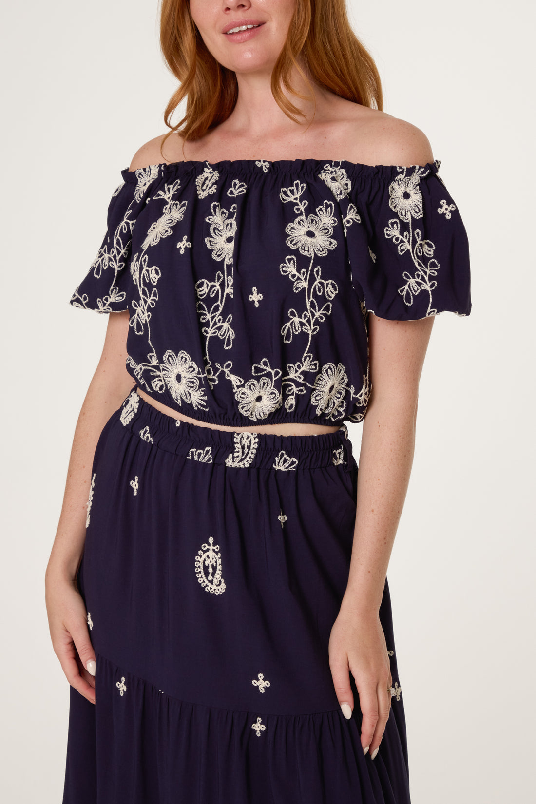 Lily Embroidery Bardot Top & Skirt Set