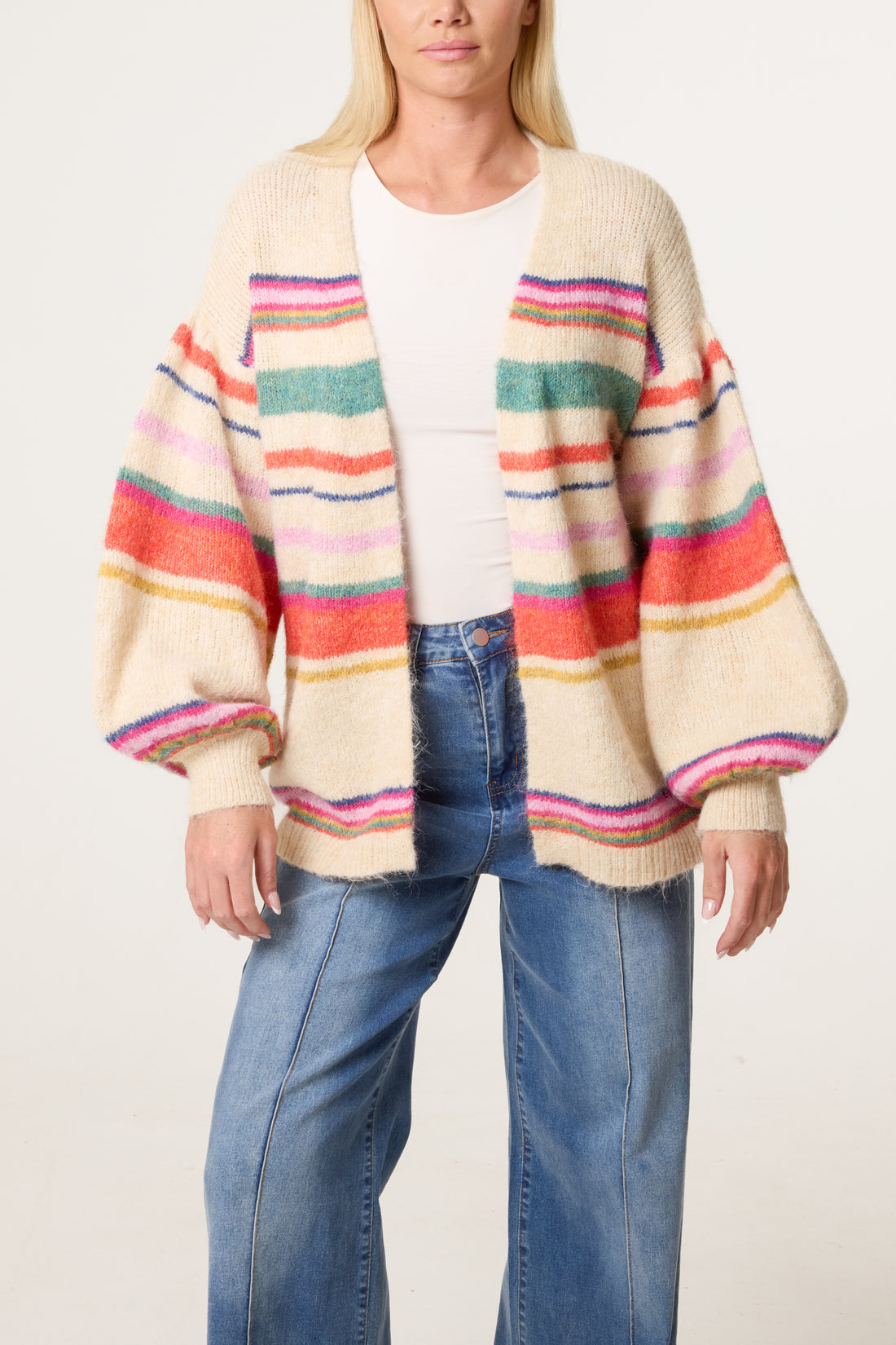 Annie Balloon Sleeve Multicolour Stripe Knit Cardigan