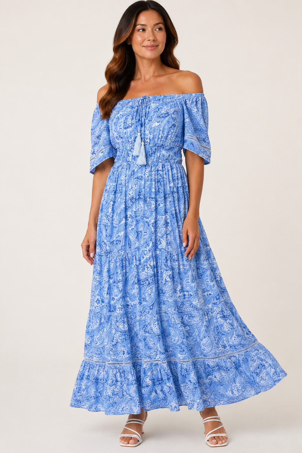 Delta ladder trim lined viscose bardot dress