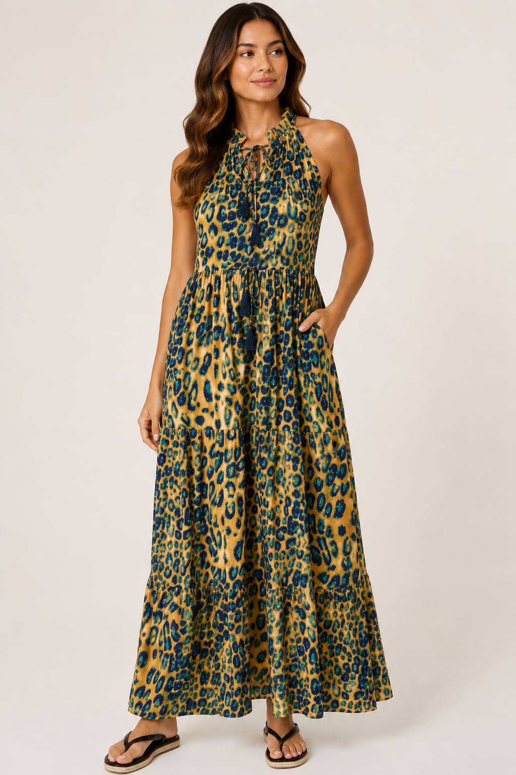 Saskia Leopard embellished halterneck dress