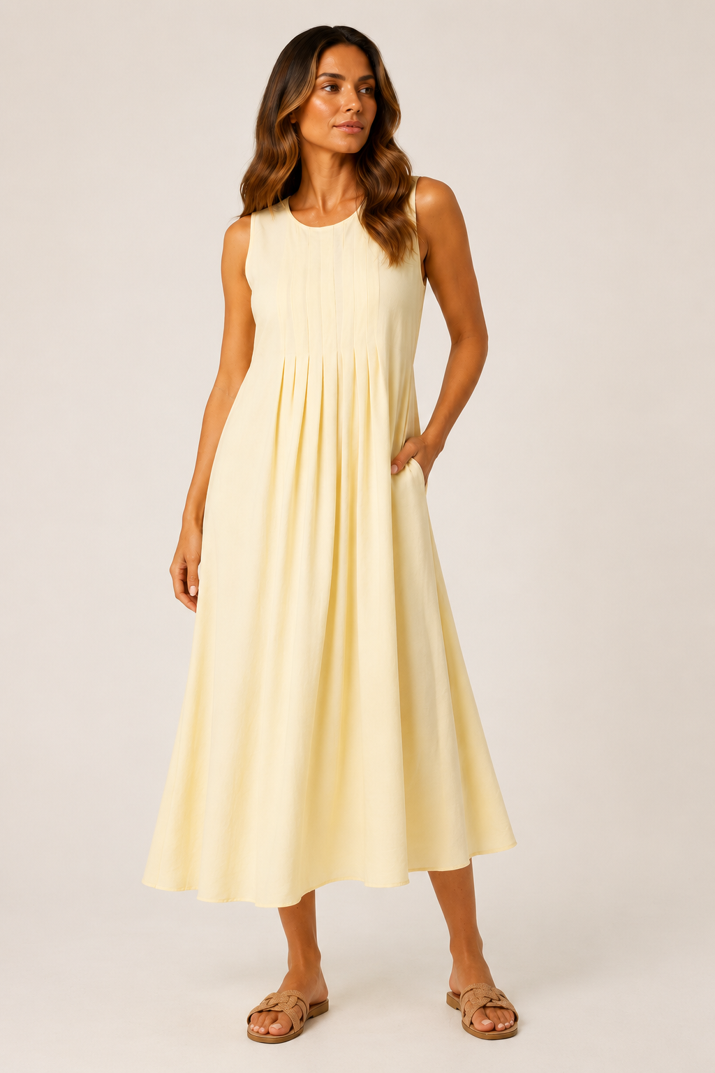 Emi – Lemon Sleeveless Midi Dress