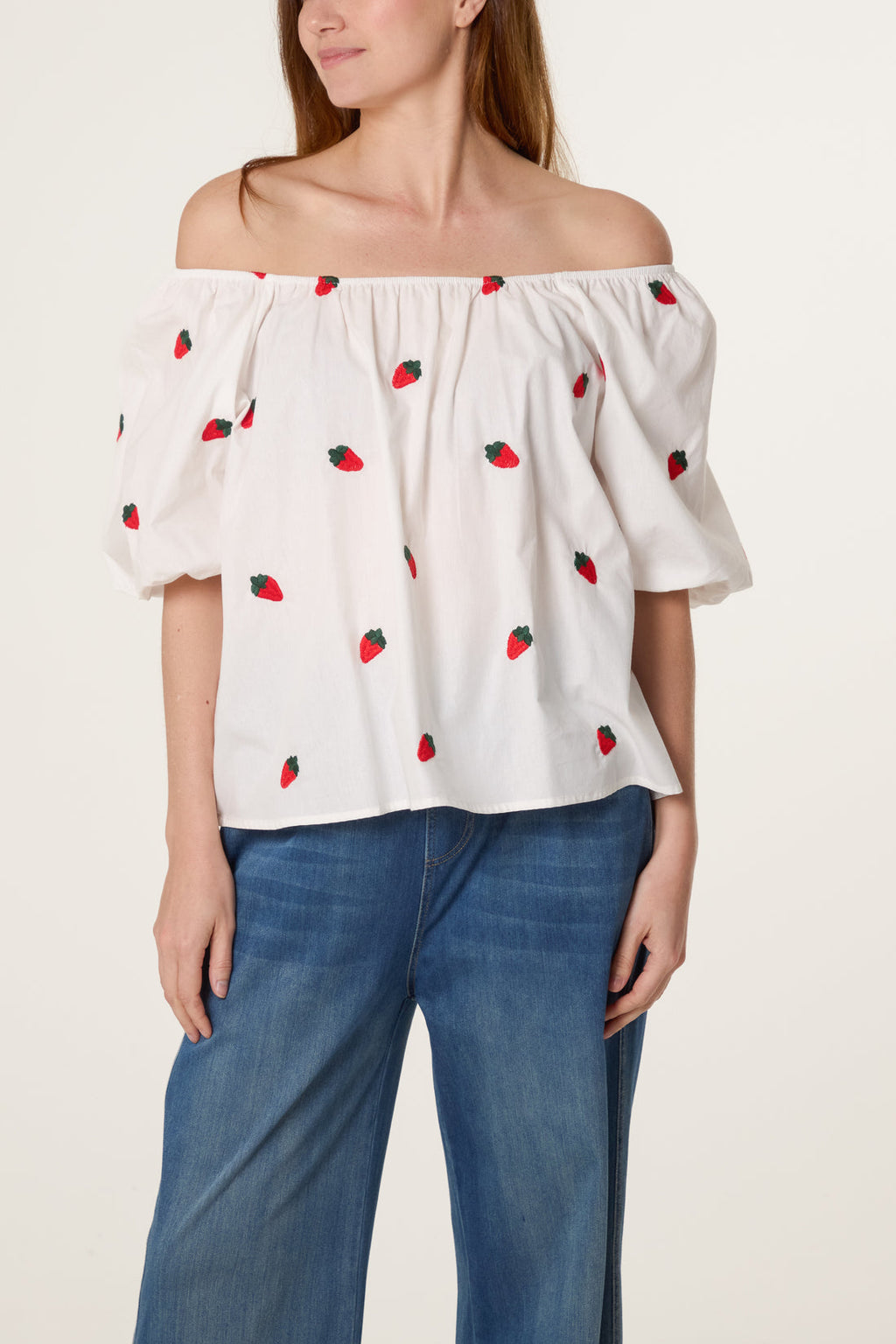 🍓Bardot Strawberry Embroidery Top