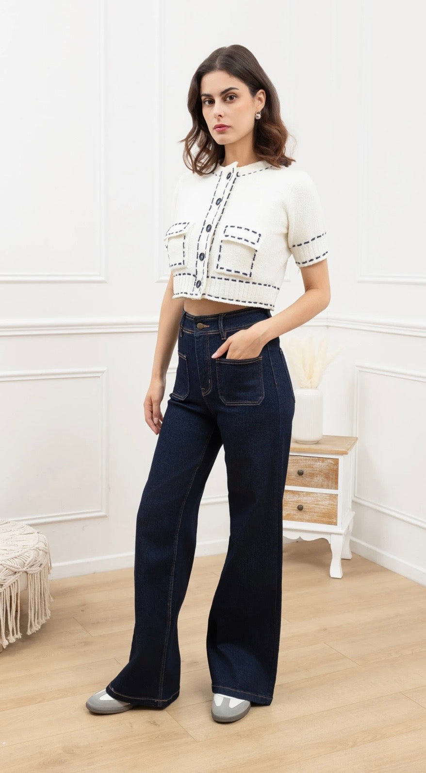 ✨ Indigo Blue Flared Stretch Jeans – Gold Button Detail