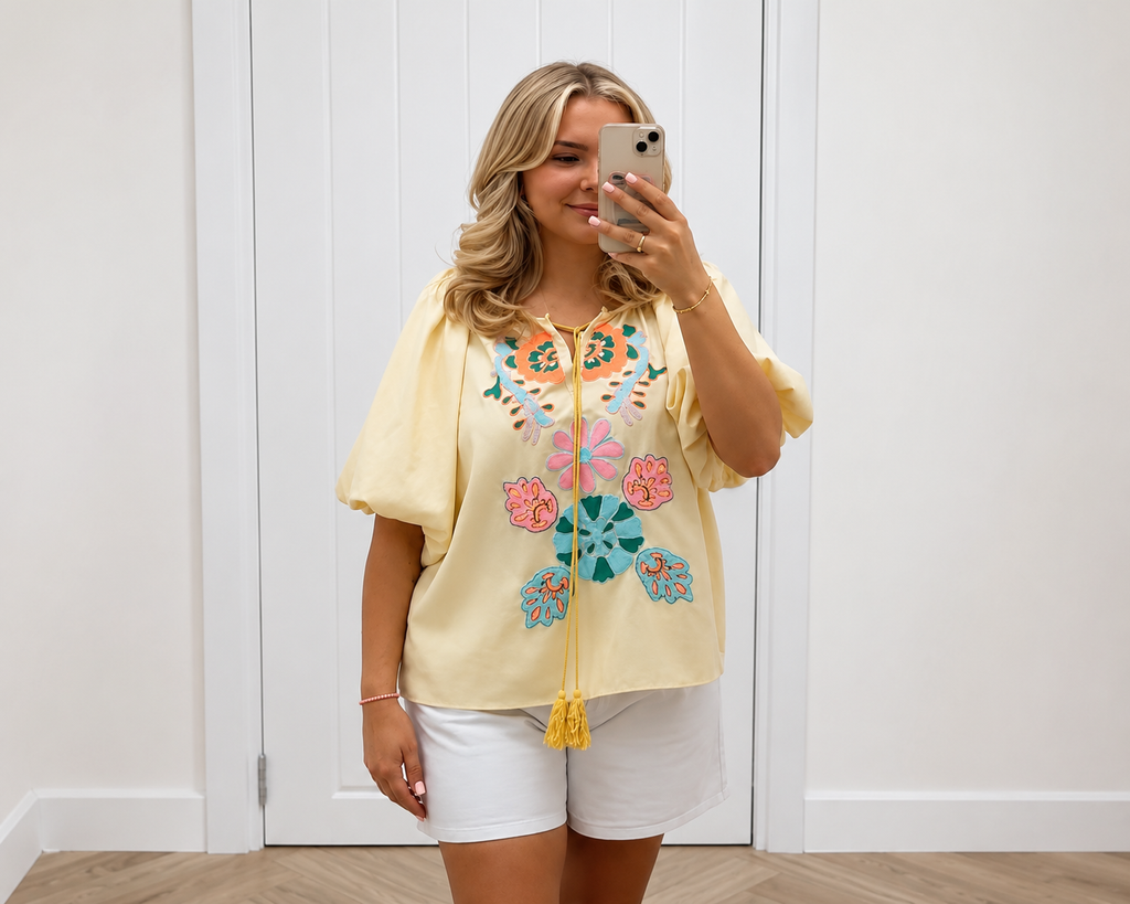 Jules Lemon embroidered puff sleeve blouse
