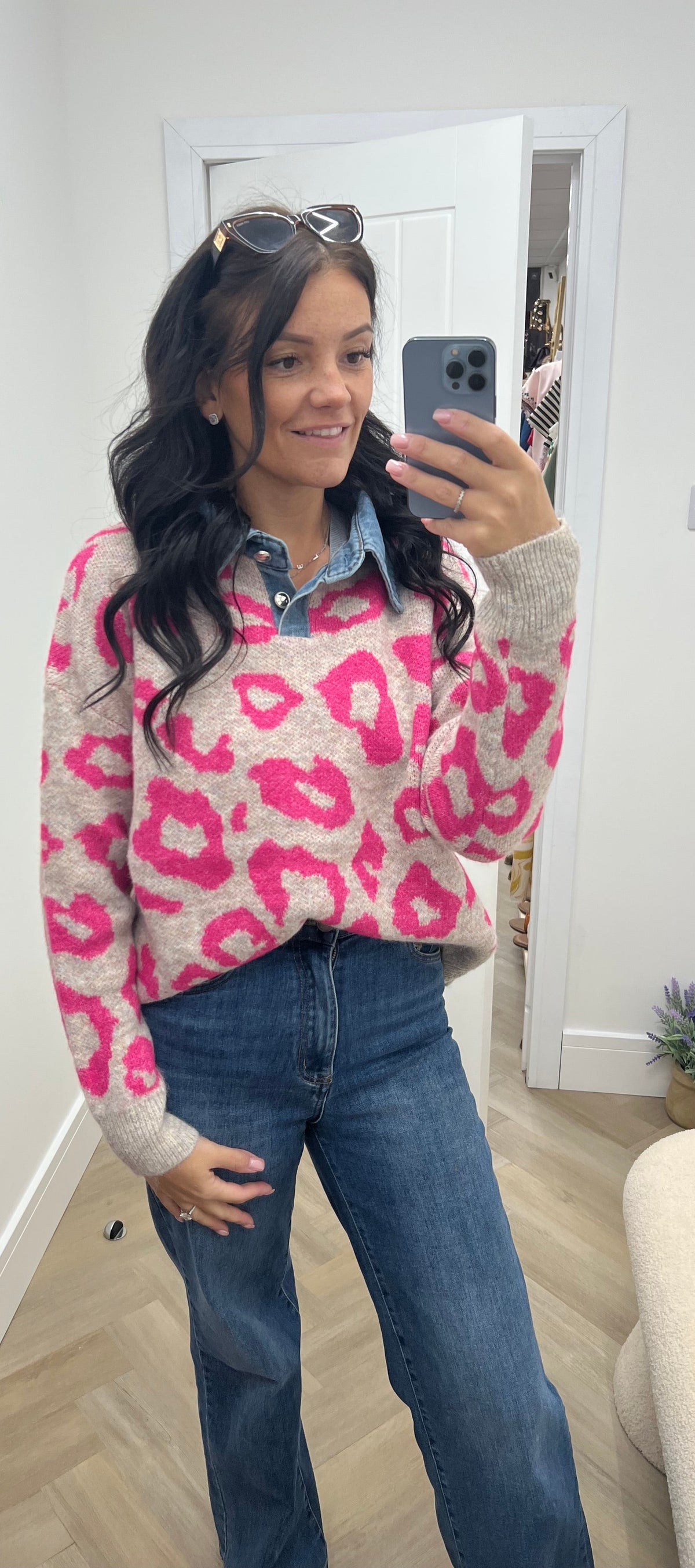 Pippa Pink Leopard Denim Collar Jumper 🩷