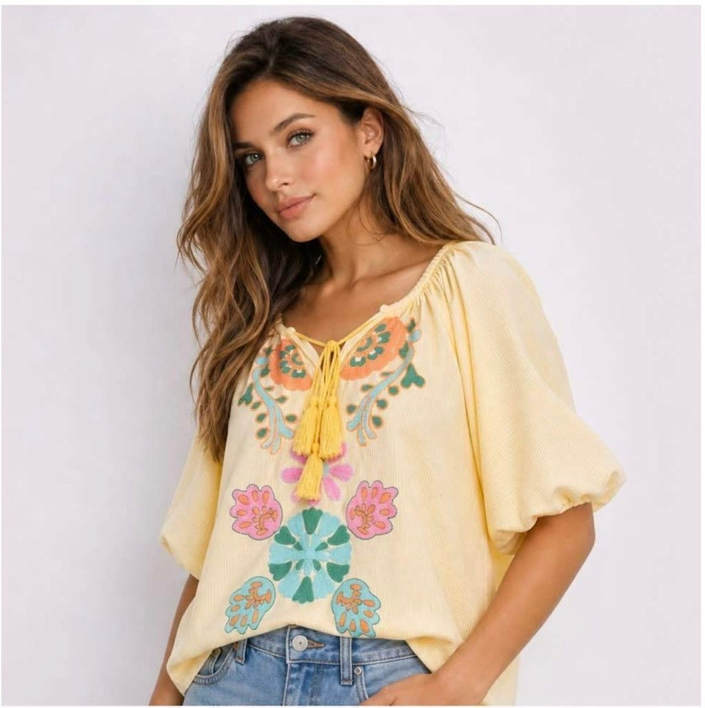 Jules Lemon embroidered puff sleeve blouse
