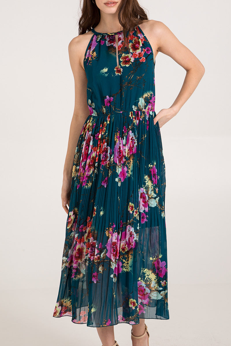 Josie Floral Print Pleated Midi Dress Final Sale Price No Returns