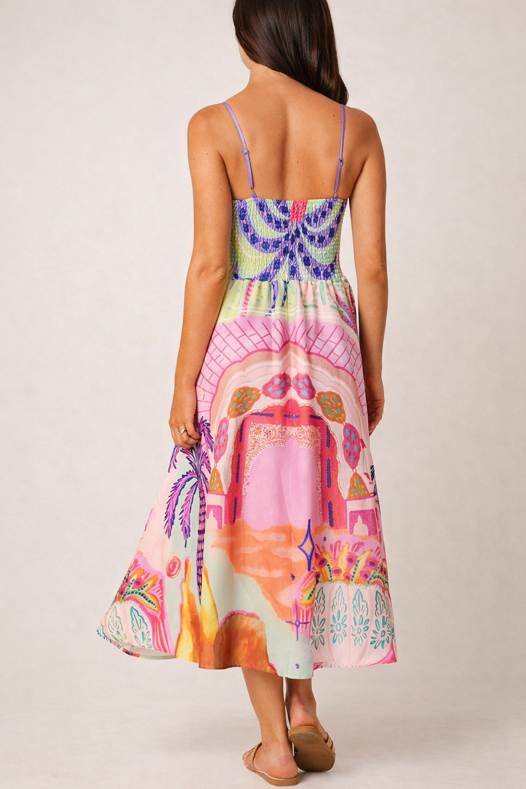 Palm Sunset Scenic Print Cami Midi Dress