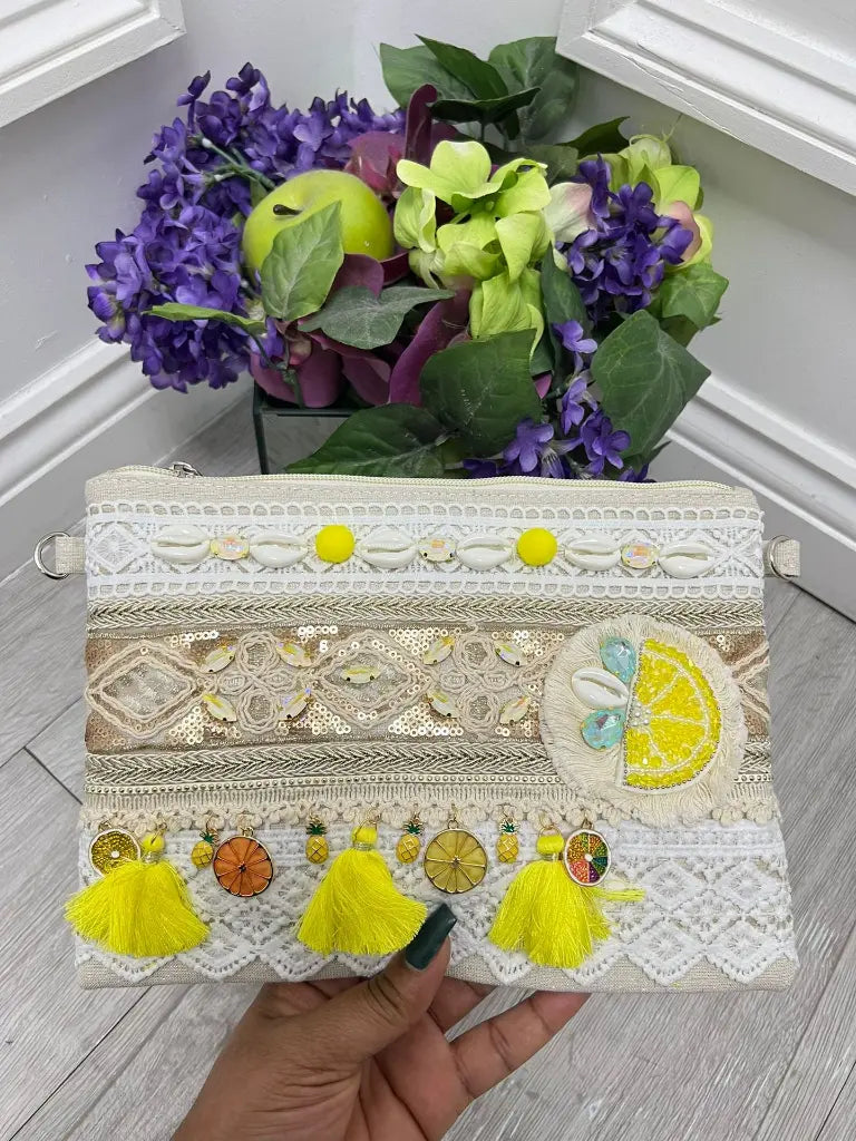 🍋 Lemons – Embellished Boho Clutch