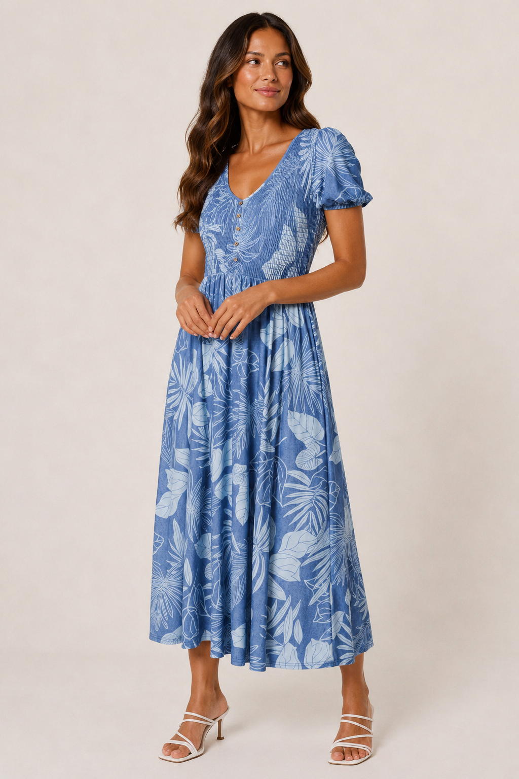 Donna Shirred Scoop Neck Leaf Print Dress – Denim