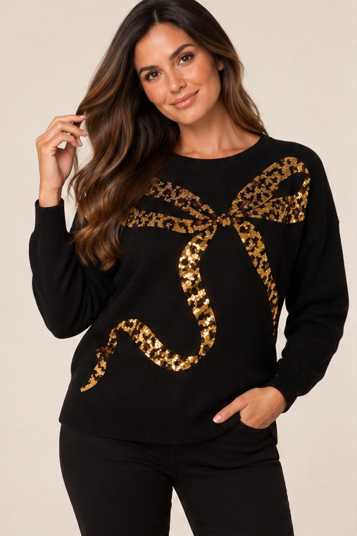 Leopard Bow Sequin Jumper Gold