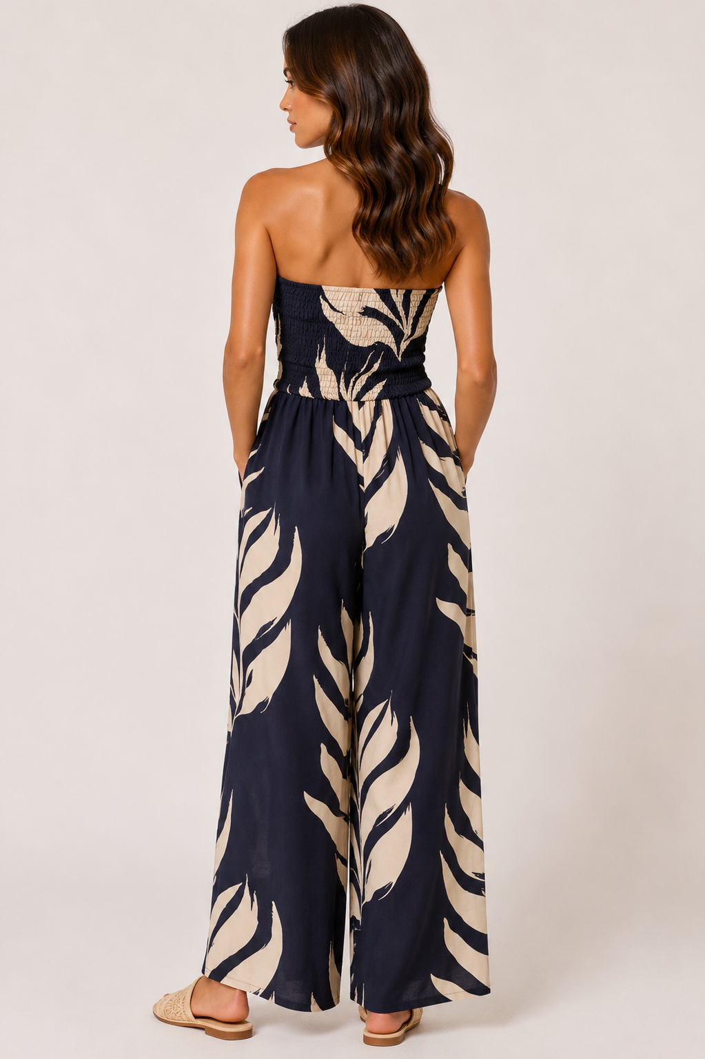 🌴 Beth Bandeau Tassel Leaf Print Jumpsuit Navy & Chocolate