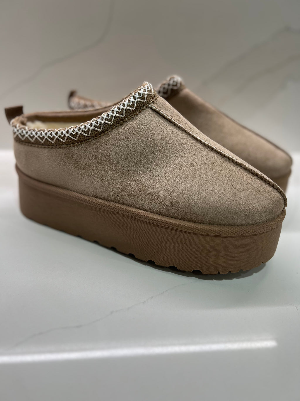 Taupe Faux Fur Lined Platform Mules