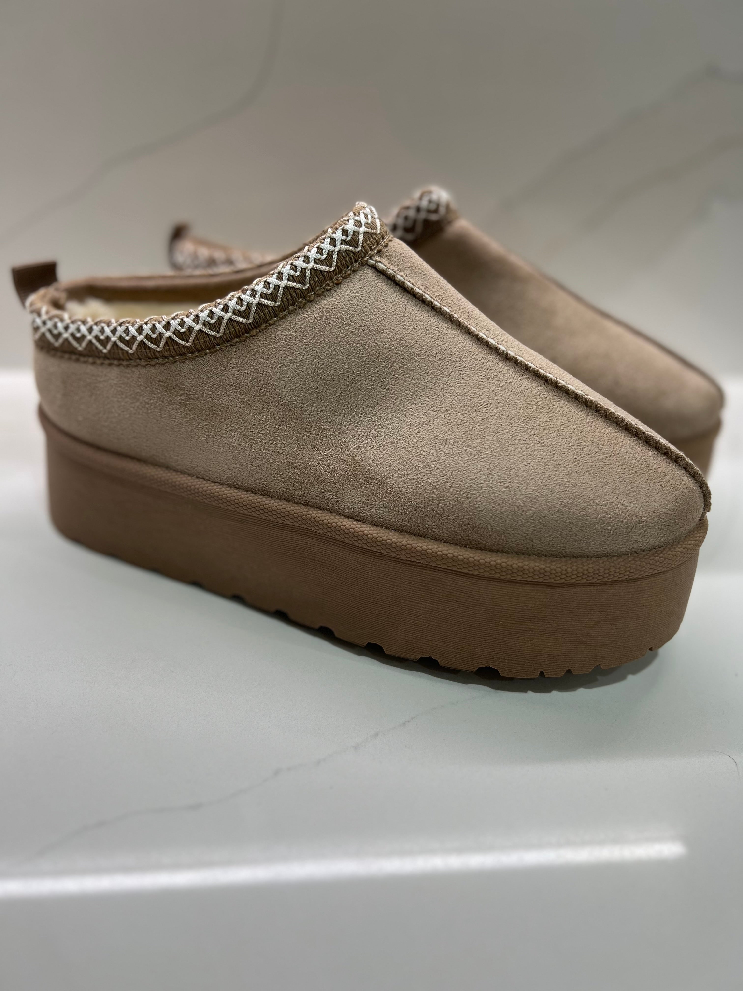 Taupe Faux Fur Lined Platform Mules