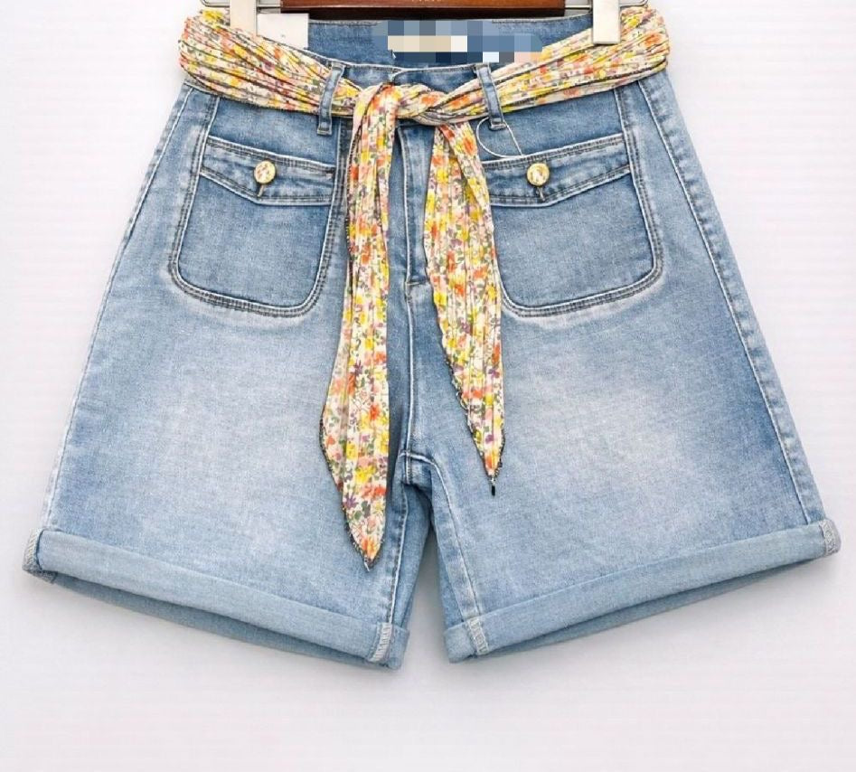 Flora Blue Belted Denim Shorts