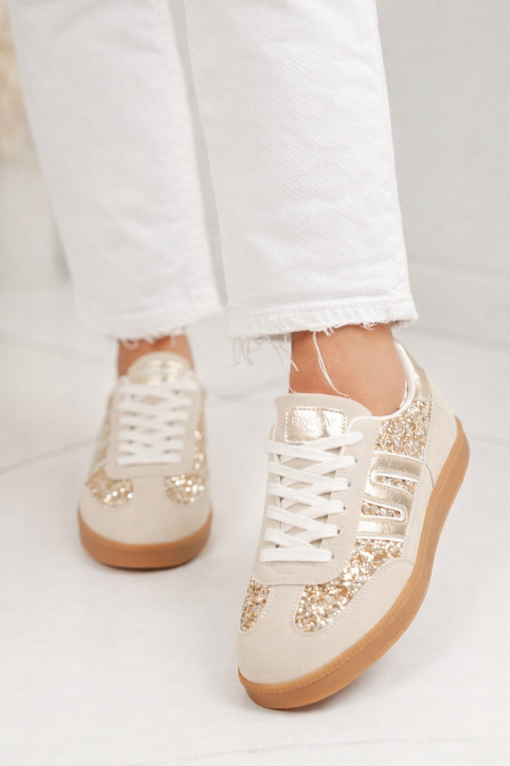 ✨ Alina — Beige & Gold Glitter Trainers