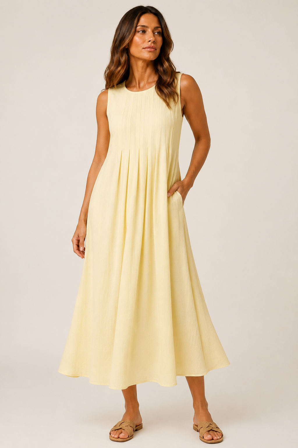 Emi – Lemon Sleeveless Midi Dress