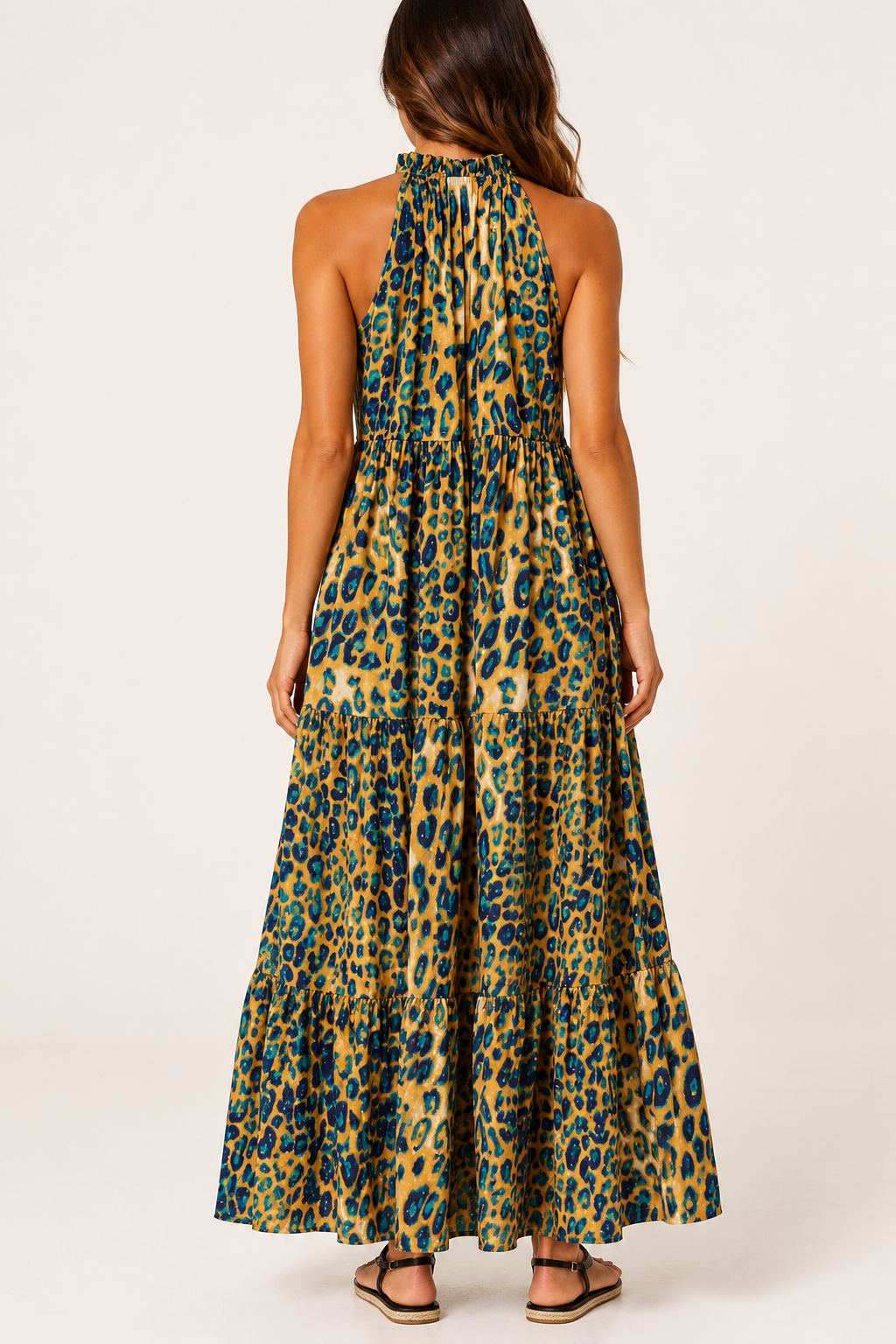 Saskia Leopard embellished halterneck dress