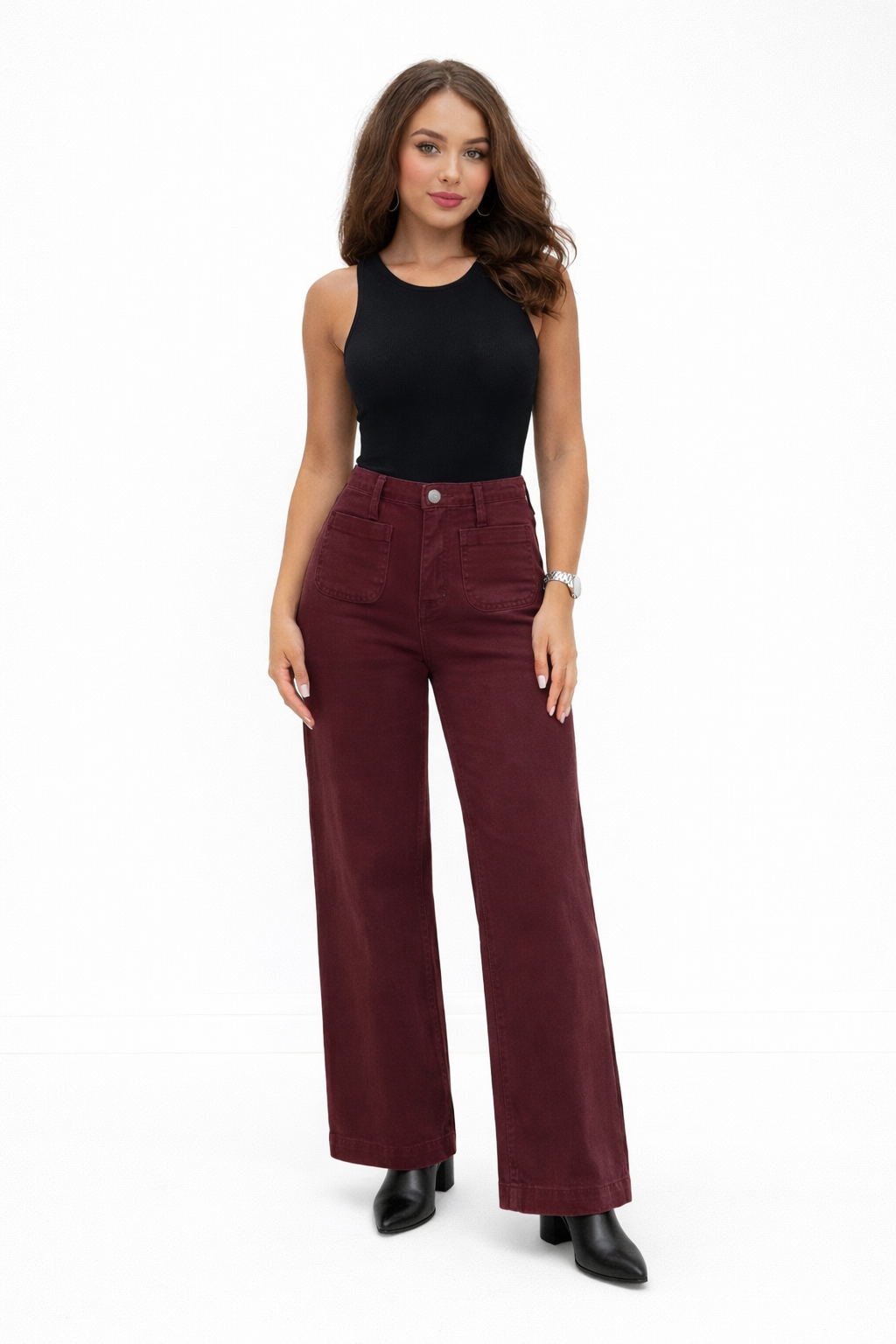 Toni High-Waisted Patch Pocket Jeans – Burgundy