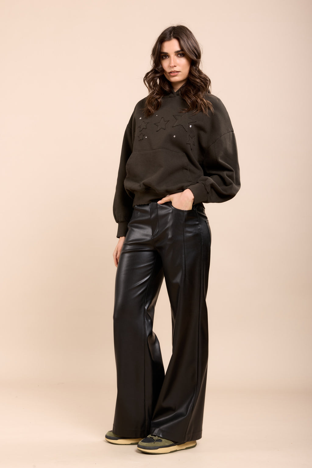 TOXIK3 wide faux leather pants with cutouts