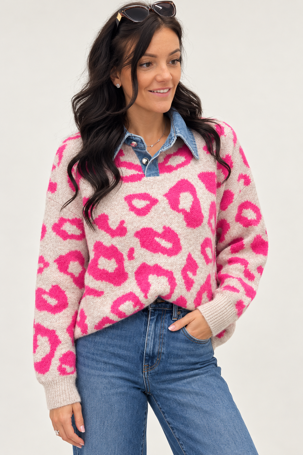 Pippa Pink Leopard Denim Collar Jumper 🩷