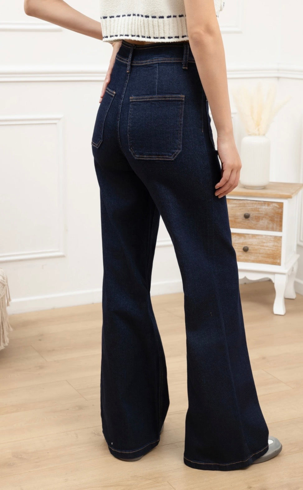 ✨ Indigo Blue Flared Stretch Jeans – Gold Button Detail