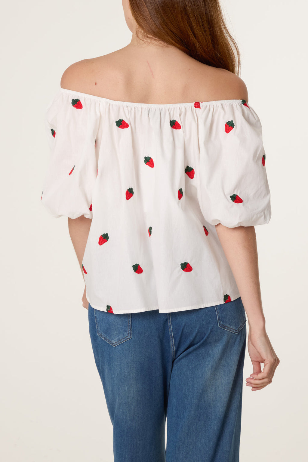 🍓Bardot Strawberry Embroidery Top