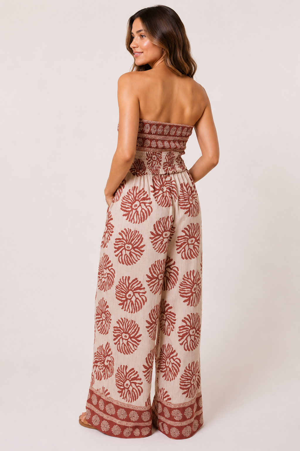 Coral embellished printed shirred bandeau jumpsuit