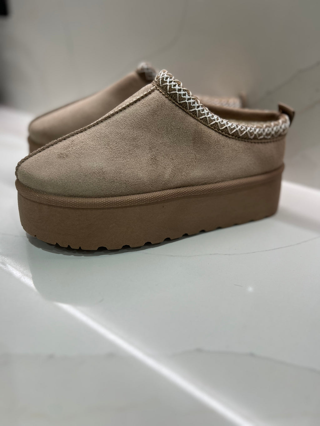 Taupe Faux Fur Lined Platform Mules