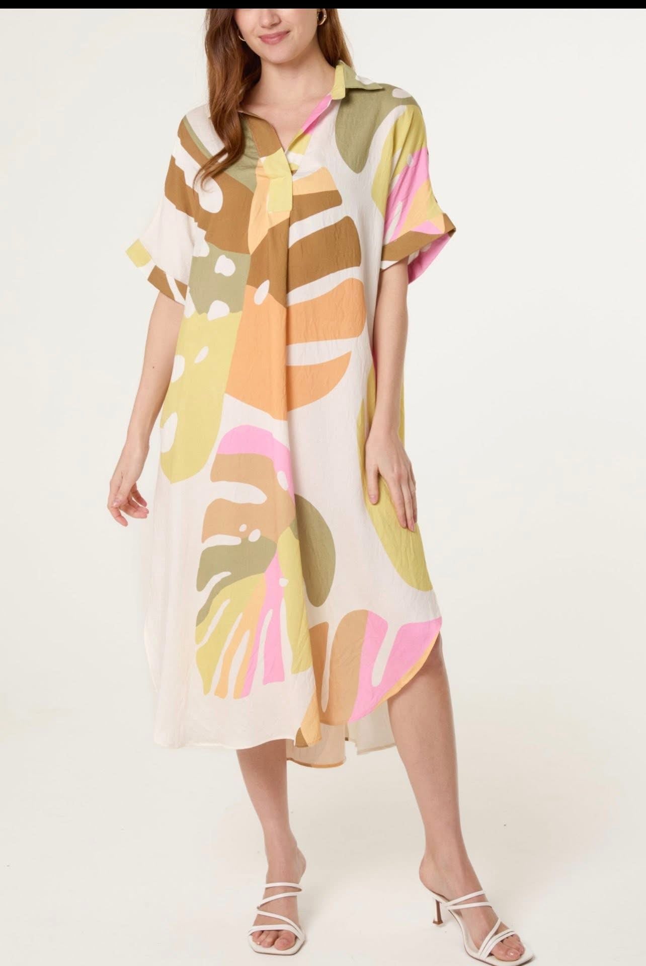 Zinnia Leaf Abstract Collar Open Tunic Dress