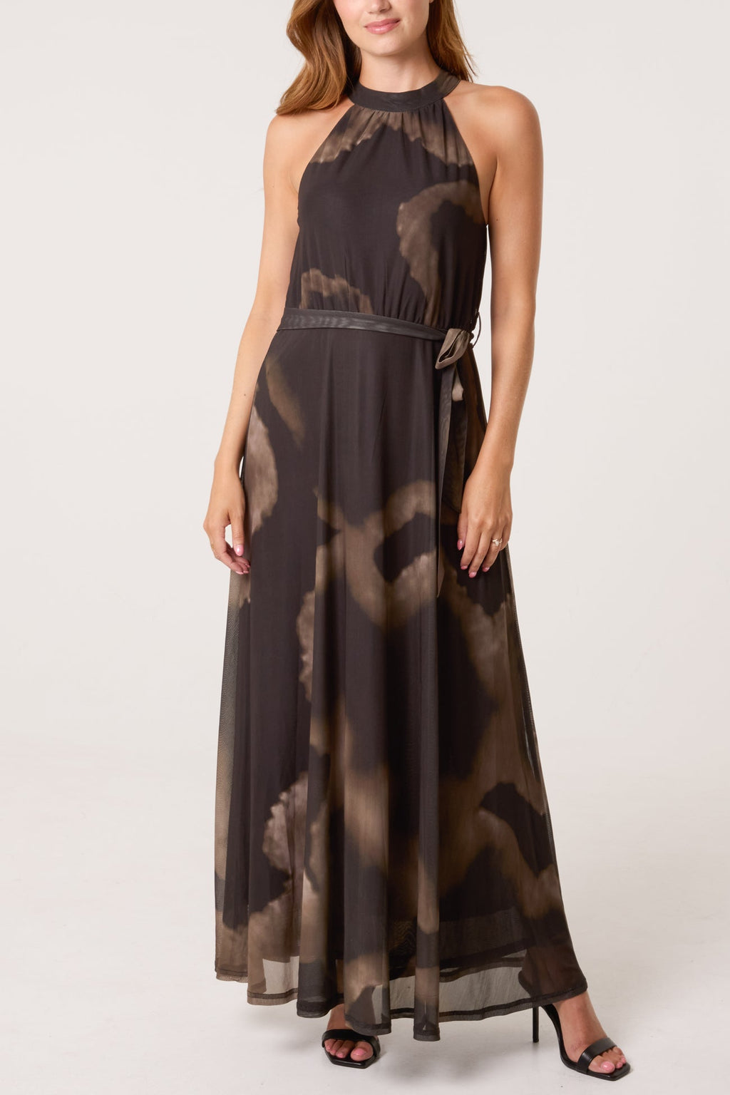 Sierra Mesh Halterneck Belted Maxi Dress